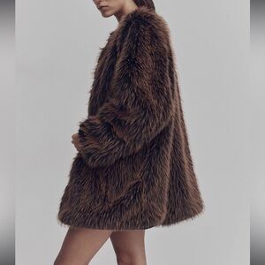 H&M Divided fluffy faux fur brown coat jacket M